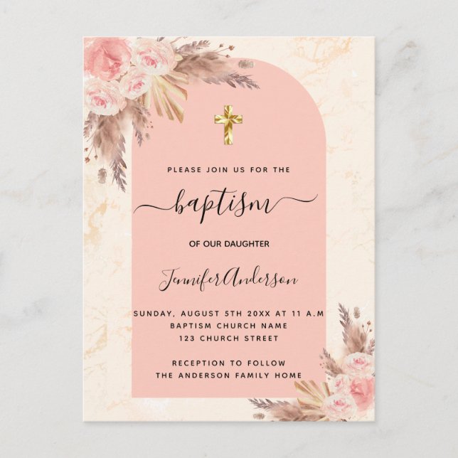 Baptism pampas grass rose gold blush pink marble invitation postcard (Front)