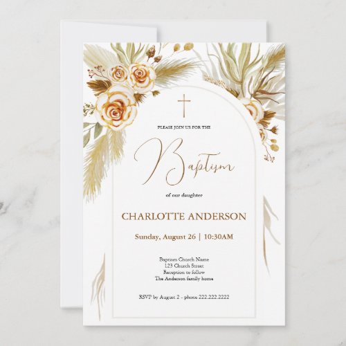 Baptism pampas grass watercolor boho elegant  invitation