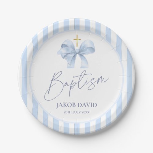 Baptism Paper Plates for Boys, Modern Blue Bow 
