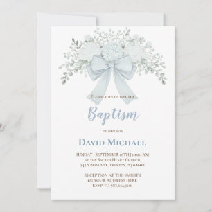 Baptism pastel blue floral bow invitation