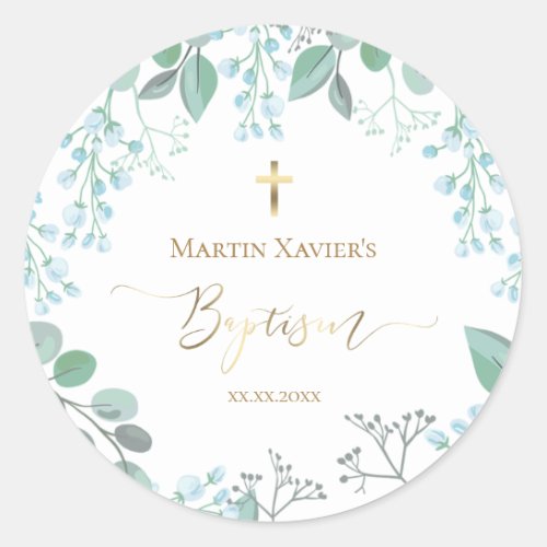 Baptism pastel blue small flowers  classic round sticker
