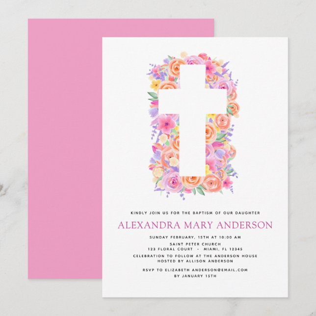 Baptism Pastel Floral Pink Rose Cross Invitation (Front/Back)