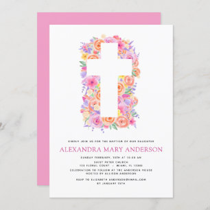 Baptism Pastel Floral Pink Rose Cross Invitation