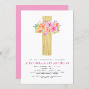 Baptism Pastel Floral Pink Rose Cross Invitation