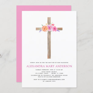 Baptism Pastel Floral Pink Rose Cross Invitation