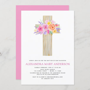 Baptism Pastel Floral Pink Rose Cross Invitation