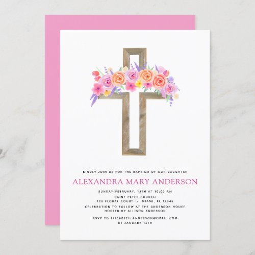 Baptism Pastel Floral Pink Rose Cross Invitation