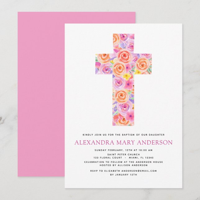 Baptism Pastel Floral Pink Rose Cross Invitation (Front/Back)