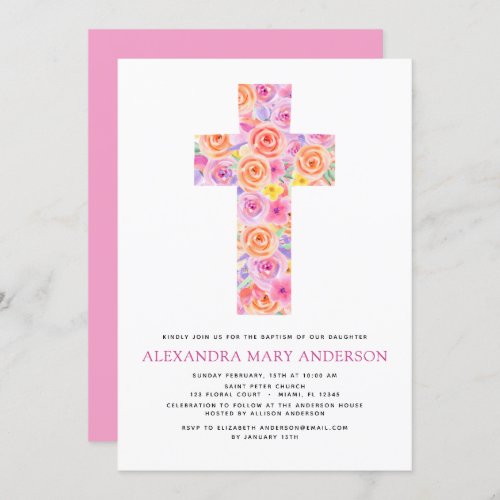Baptism Pastel Floral Pink Rose Cross Invitation