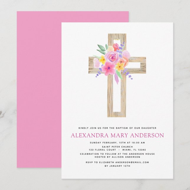 Baptism Pastel Floral Pink Rose Cross Invitation (Front/Back)