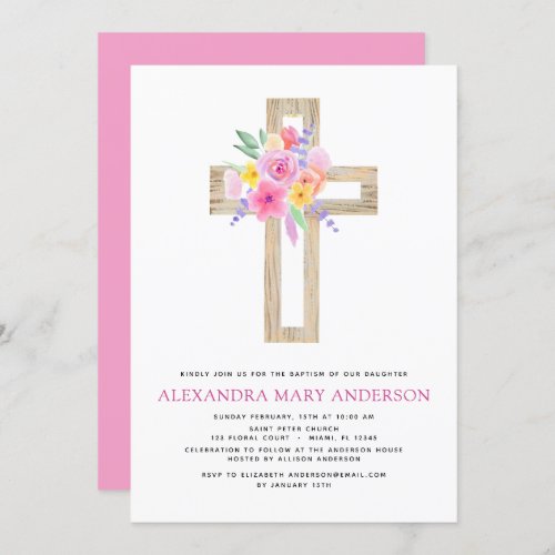 Baptism Pastel Floral Pink Rose Cross Invitation