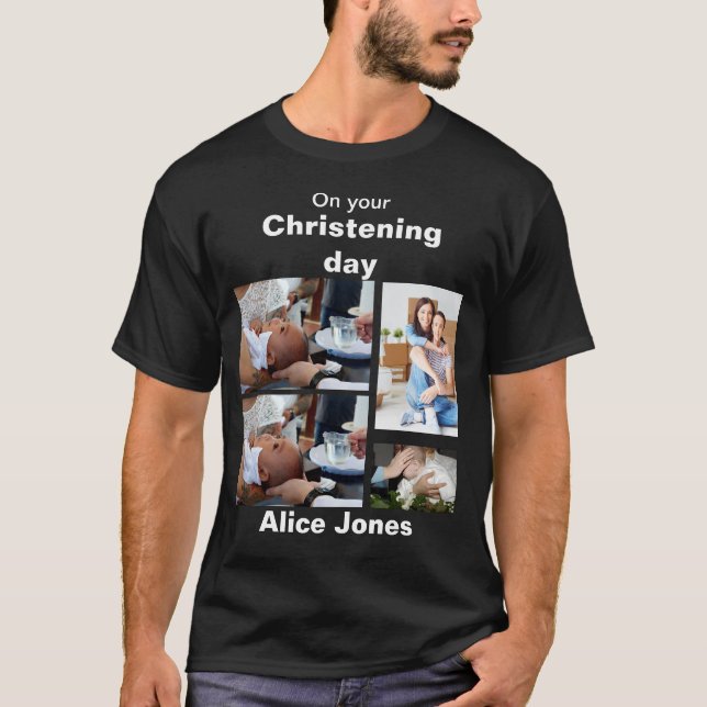 Baptism Personalized 4 Photo Collage T-Shirt (Front)