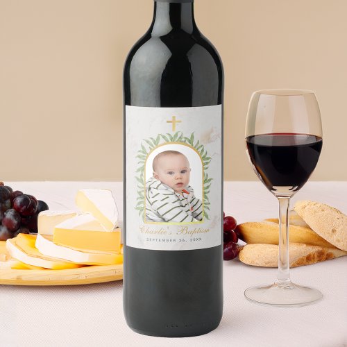 Baptism Photo Arch Greenery Faux Gold Foil Marble Wine Label