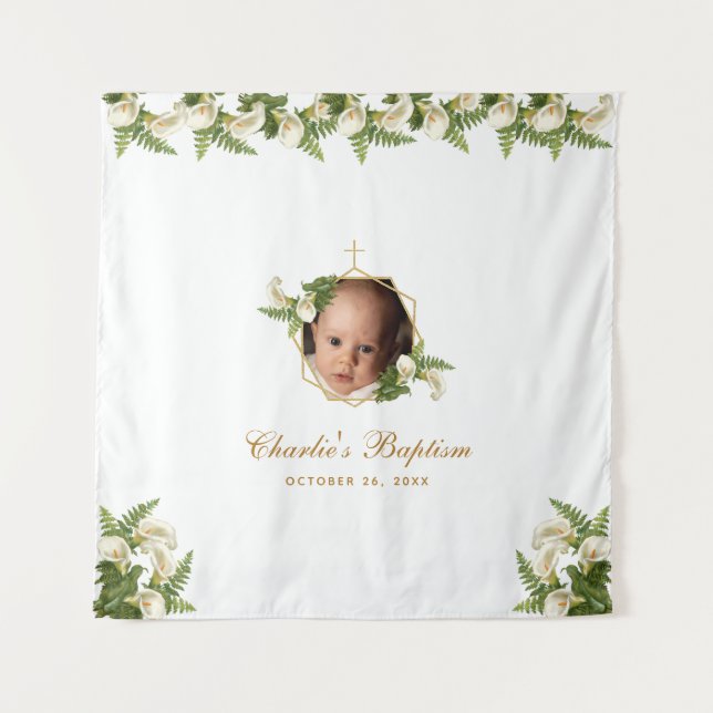 Baptism Photo Backdrop - Calla Lilies Gold Floral  (Front)
