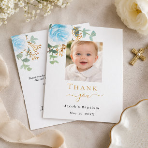 Baptism photo blue floral boy thank you card