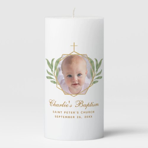 Baptism Photo Botanical Geometric Green Leaves Pillar Candle