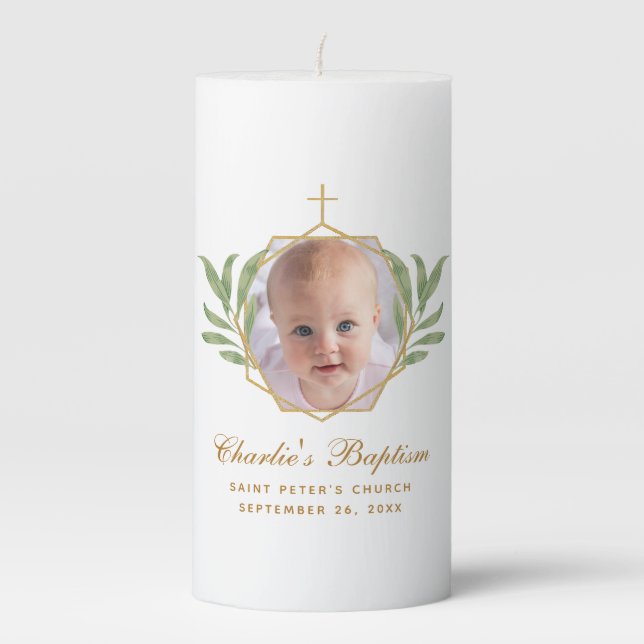 Baptism Photo Botanical Geometric Green Leaves Pillar Candle (Front)