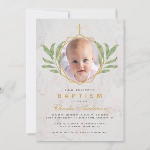 Baptism Photo Botanical Geometric Leaves Foliage Invitation