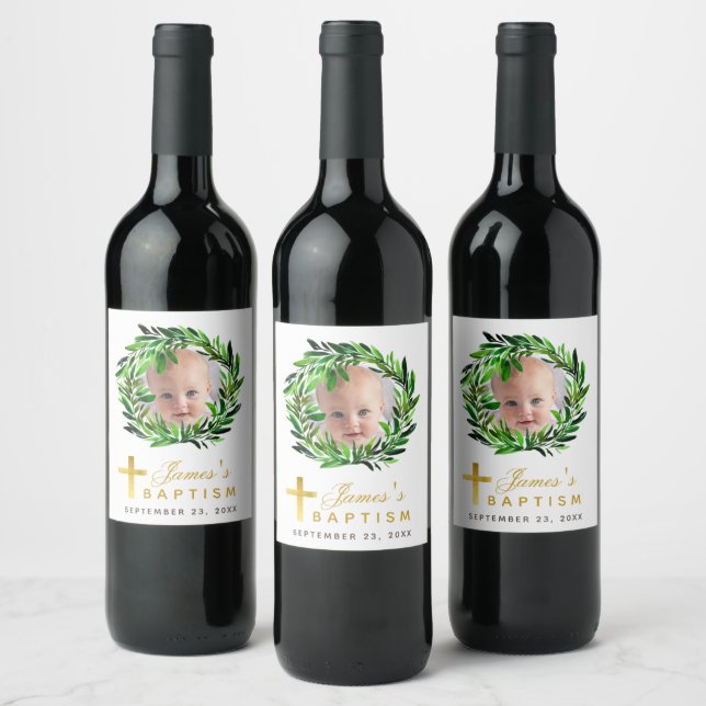 Baptism Photo Botanical Greenery Wreath Faux Gold  Wine Label (Bottles)
