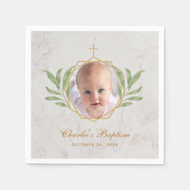 Baptism Photo Botanical Leaves Foliage Gold Marble Napkins (Front)
