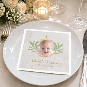 Baptism Photo Botanical Leaves Foliage Gold Marble Napkins