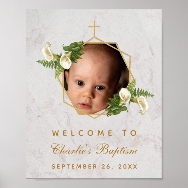 Baptism Photo Calla Lilies Gold Cross Welcome Sign (Front)