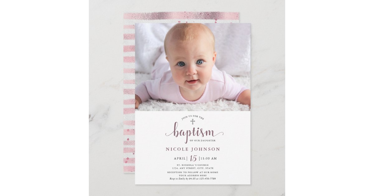 Baptism Photo Elegant Girl Glitter Invitation | Zazzle