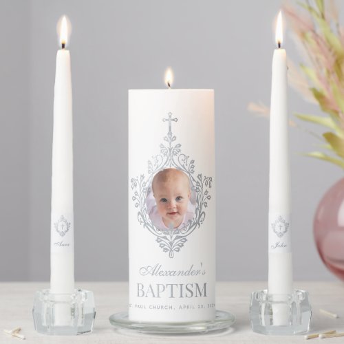  Baptism Photo Elegant Vintage Faux Silver Crest Unity Candle Set