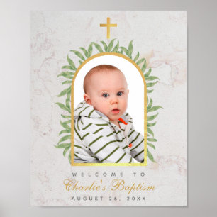 Baptism Photo Faux Gold Arch Greenery Welcome  Poster
