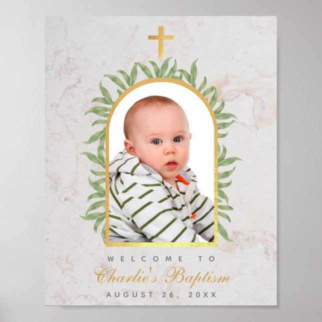 Baptism Photo Faux Gold Arch Greenery Welcome  Poster (Front)