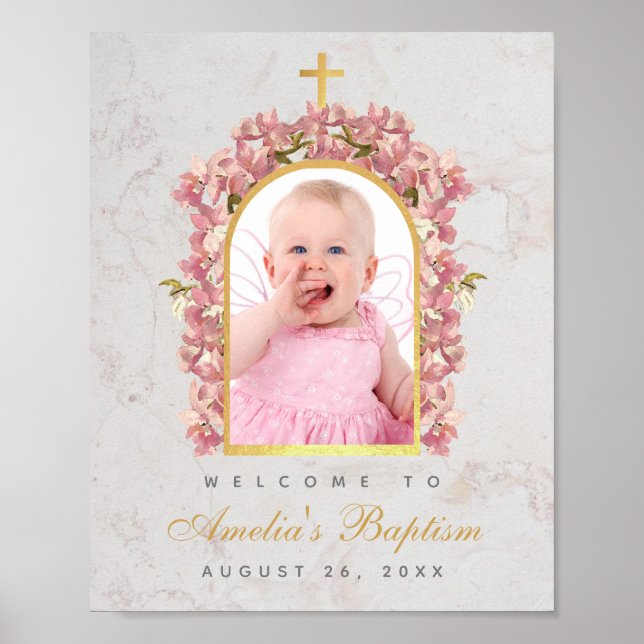 Baptism Photo Faux Gold Arch Pink Orchids Welcome  Poster (Front)
