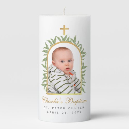 Baptism Photo Faux Gold Foil Arch Greenery Script Pillar Candle