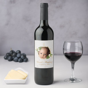 Baptism Photo Floral Calla Lilies Gold Marble Wine Label