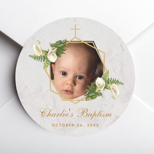 Baptism Photo Floral Calla Lilies Marble Gold  Classic Round Sticker (Creator Uploaded)