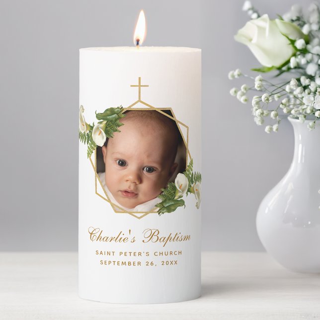 Baptism Photo Floral Geometric  Gold Calla Lilies Pillar Candle (Creator Uploaded)