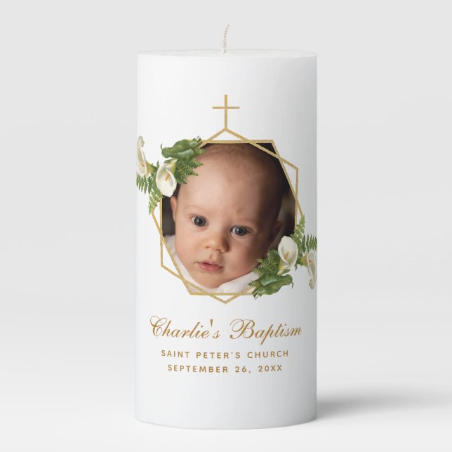 Baptism Photo Floral Geometric  Gold Calla Lilies Pillar Candle (Front)