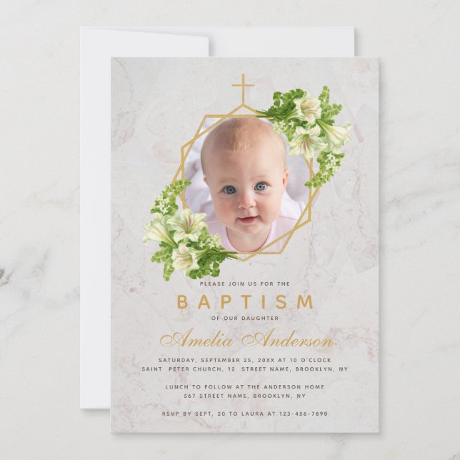 Baptism Photo Floral Geometric White Lilies Marble Invitation (Front)