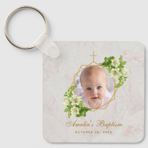 Baptism Photo Floral Geometric White Lilies Marble Keychain