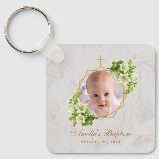 Baptism Photo Floral Geometric White Lilies Marble Keychain (Front)
