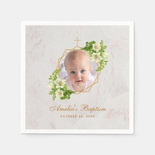 Baptism Photo Floral Geometric White Lilies Marble Napkins