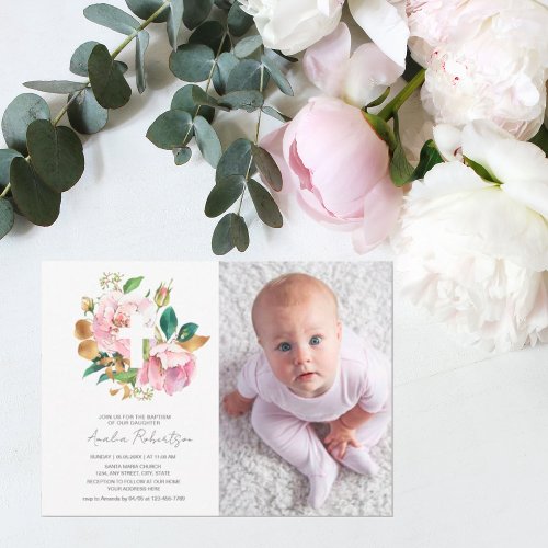 Baptism Photo Floral Girl Watercolor  Invitation