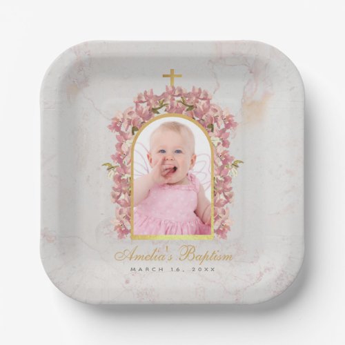 Baptism Photo Floral Gold Arch Pink Orchids Marble Paper Plates