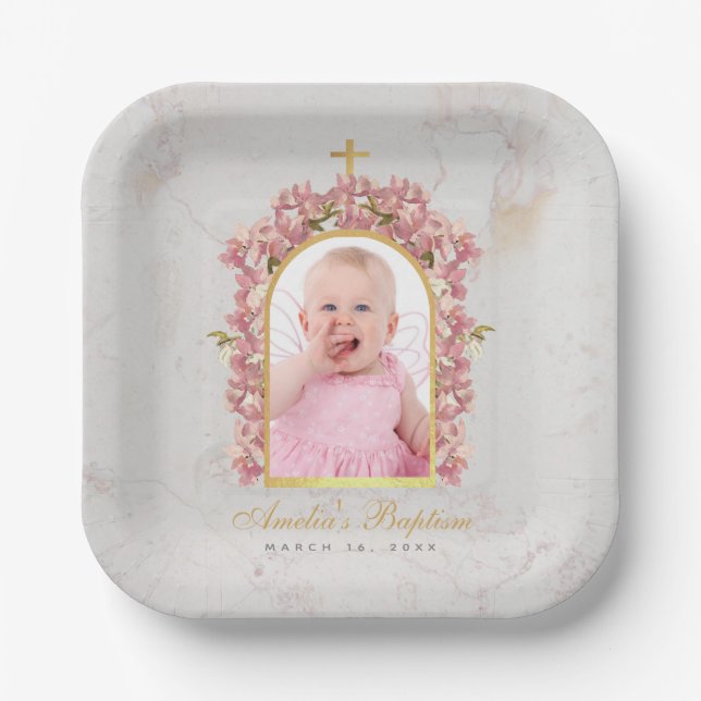 Baptism Photo Floral Gold Arch Pink Orchids Marble Paper Plates (Front)