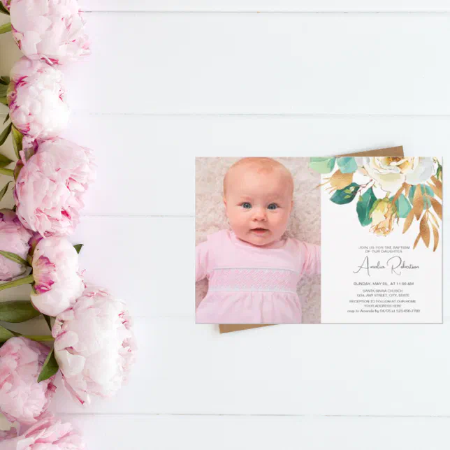 Baptism Photo Floral Greenery Gold Invitation | Zazzle