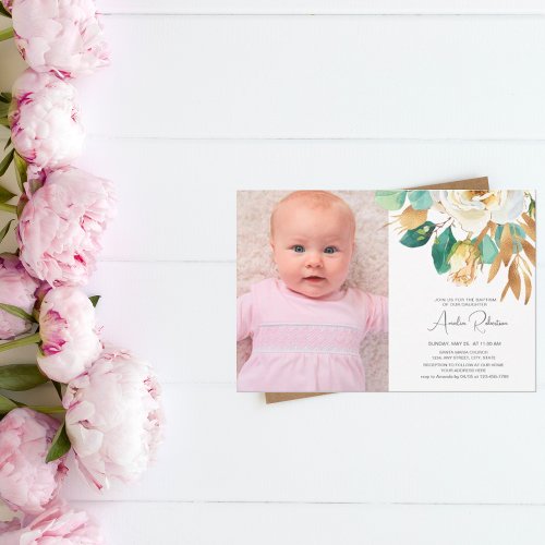 Baptism Photo Floral Greenery Gold Invitation