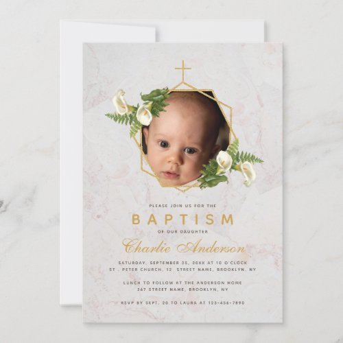 Baptism Photo Floral Marble Gold Calla Lilies Fern Invitation