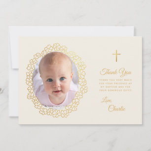 Baptism Photo Floral Wreath Script Faux Gold Ivory Thank You Card