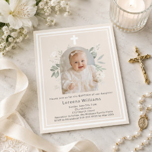 Baptism photo florals champagne girl invitation