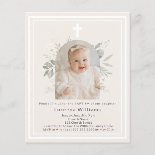Baptism photo florals ivory beige girl invitation