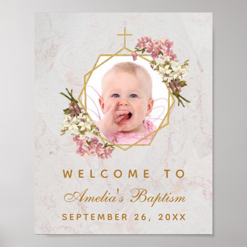 Baptism Photo Girl Gold Pink Orchids Welcome Sign